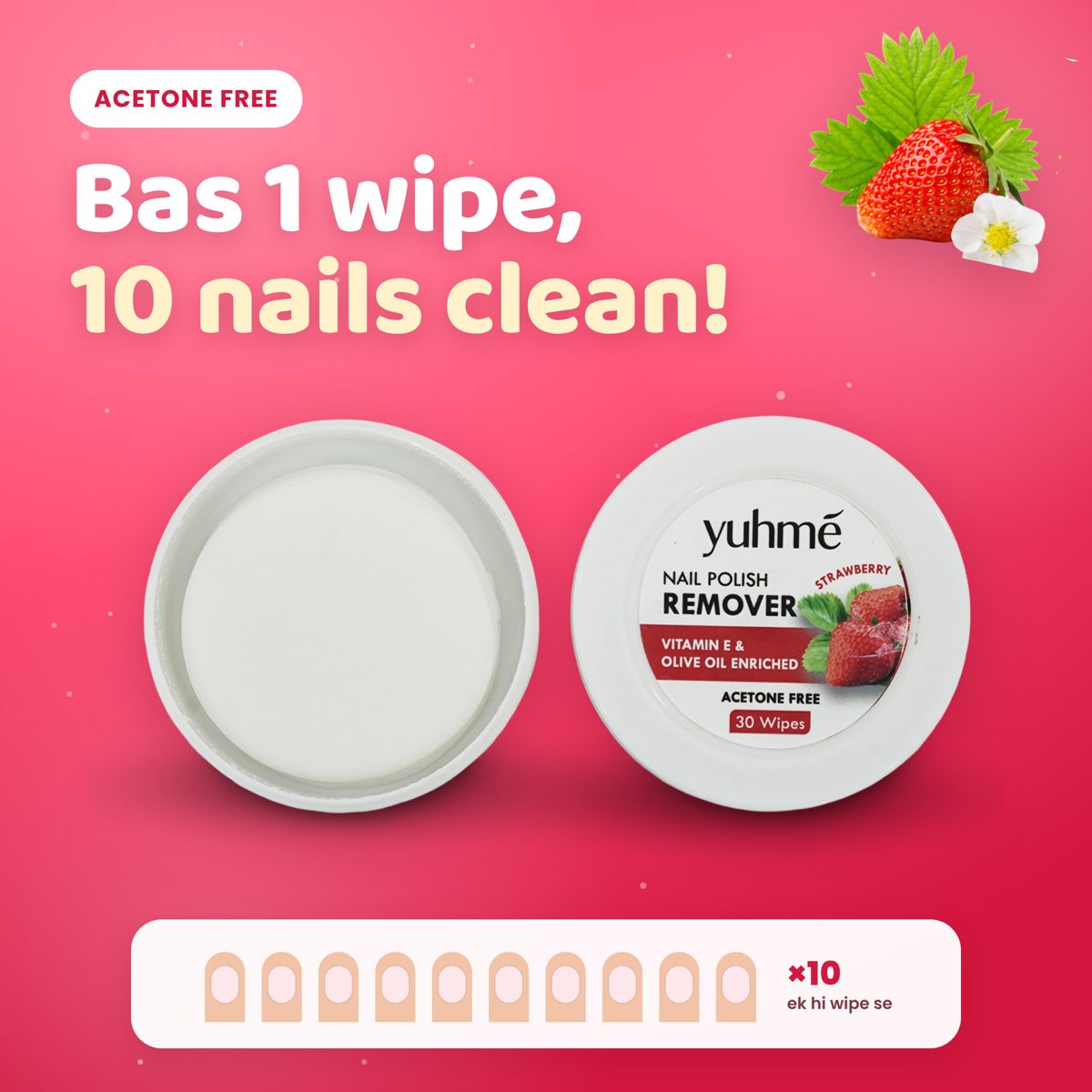 YUHME Nail Polish Remover Wipes (30 Wipes) - Image 2