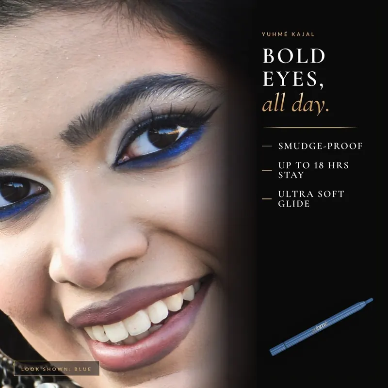 Model wearing YUHME Soft Stroke Kajal in Blue